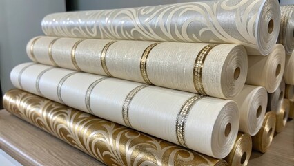 Poster - A stack of wallpaper rolls with a luxurious silklike finish adorned with shimmering metallic accents that catch the light emphasizing its opulent style.