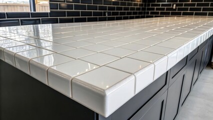Aufkleber - A stark modern countertop made of solid surface material with rows of glossy subway tiles reflecting their pristine whiteness against the dark surface.