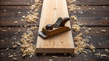 Aufkleber - A snapshot of a hand tool resting on top of a wood plank with tered wood shavings surrounding it indicating ongoing work in the renovation process.