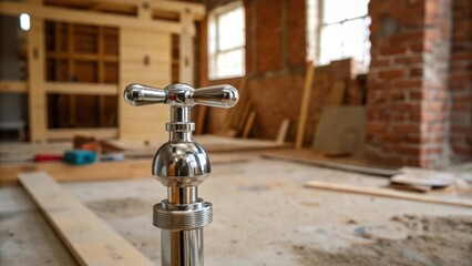 Poster - A snapshot focusing on a single shiny water valve contrasted against a dusty unfinished backdrop highlighting the craftsmanship that lies within the chaotic renovation process.