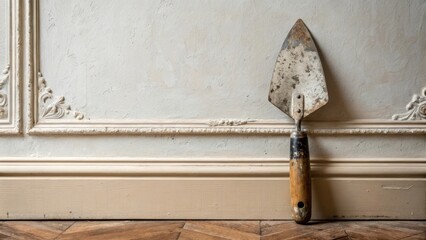 Poster - A smooth carefully finished plaster wall stands elegant and unblemished. A trowel with a worn handle leans against it its blade splattered with leftovers from the plastering