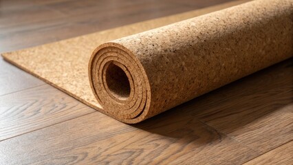 Poster - A slight shadow falls on the cork roll as it leans slightly bringing out the variations in color from deep browns to light beige emphasizing the organic look of the flooring.