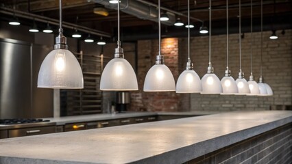 Fototapete - A sleek line of pendant lights with a frosted glass finish shines bright above an ultrasmooth concrete countertop enhancing the modern industrial feel of the space.