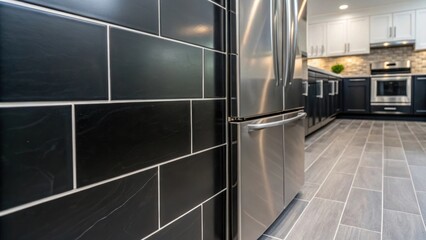Aufkleber - A sleek matte black tile section revealing subtle variations in surface texture set next to stainless steel appliances that reflect a polished and contemporary vibe.