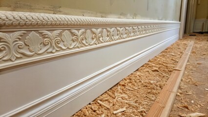 Fototapete - A shot capturing a close interaction between the unpainted wall and the newly applied decorative molding with visible wood shavings tered on the surface reflecting the ongoing