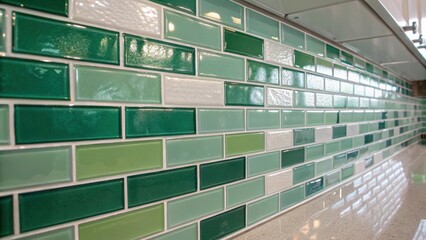 Aufkleber - A shiny glass tile backsplash in shades of green with expertly applied white grout the light reflecting off the smooth surface creating an iridescent effect.