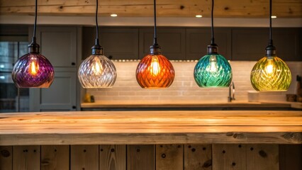 Poster - A set of colorful blownglass pendant lights dances above a reclaimed wood countertop illuminating the beautiful knots and textures of the wood in a playful manner.