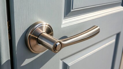 Poster - A shiny stainless steel lever handle casting a subtle shadow on the pale gray door surface showcasing its ergonomic shape and polished edges.