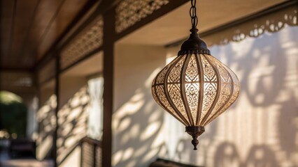 Poster - A shallow depth of field focuses on a dangling pendant light casting intricate shadows against the protective film creating a mood that is both inviting and stylish.