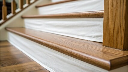 Aufkleber - A shallow focus image framing the edge of a covered stair where the pristine layer of protection sits slightly askew teasing hints of the carefully crafted wood beneath.