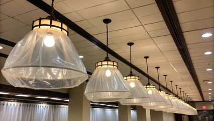 Aufkleber - A series of newly installed light fixtures hang from the ceiling each encased in plastic coverings that shimmer under the lights awaiting the moment they will illuminate the