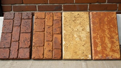 Aufkleber - A series of weathered brickstyle tiles varying in shades of rust and ochre showcasing a rough texture that invites tactile interaction.