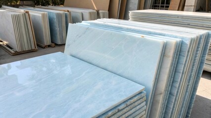 Aufkleber - A serene pale blue marble slab stacked ast others lightly ed with white exuding a calm and tranquil vibe that brightens the surrounding area.