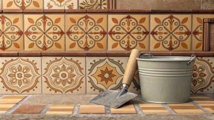 Aufkleber - A series of expertly arranged ceramic tiles evoking a Mediterranean feel with a glimmering trowel resting near a sy bucket of grout ready for the next step in the process.
