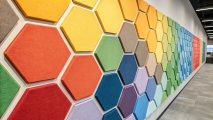 Poster - A series of colorful soundproofing panels arranged in a honeycomb pattern capturing the variations in light as it reflects off the subtly rounded edges.