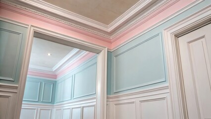 Poster - A serene corner that showcases the transition from wall to ceilingan unfinished molding edge not quite aligned illustrating the ongoing renovation journey in soft pastels.