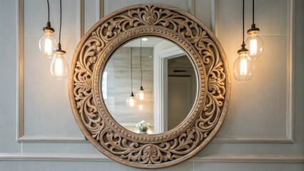 Aufkleber - A round ornate mirror with intricate carvings sits against a light gray wall reflecting the soft glow of pendant lighting above giving the bathroom a warm ambiance.