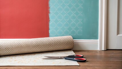 Aufkleber - A roll of textured wallpaper rests against a freshly painted wall its muted tones contrasting with the bold color behind it and a pair of scissors jutting out from the scene