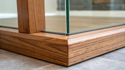 Aufkleber - A rich closeup of a wooden base supporting the glass divider contrasting the cool touch of the glass with warm wooden tones and tiny flecks of wood grain visible.