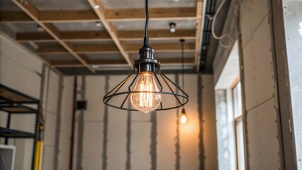 Aufkleber - A raw industrialstyle light fixture hangs from the ceiling its wires dangling as they await connection. The stark bulb casts a warm glow enhancing the renovations ambiance.