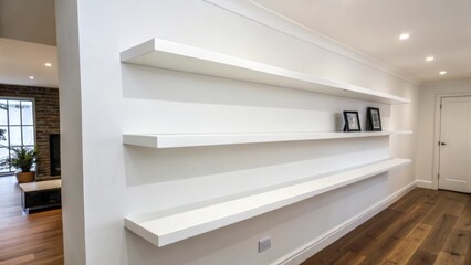 Aufkleber - A pure white wall with a flawless finish its unbroken surface providing an ideal setting for the clean lines of contemporary floating shelves.