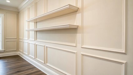 Poster - A pristine light ivory wall characterized by its simplicity offering a serene and inviting foundation for the placement of floating shelves.