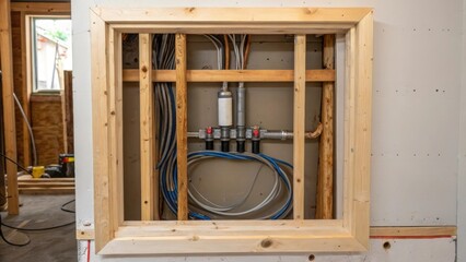 Poster - A raw wooden frame outlines a space in the wall showcasing the electrical wiring and plumbing behind it. The wires are neatly bundled emphasizing the meticulous preparation for the