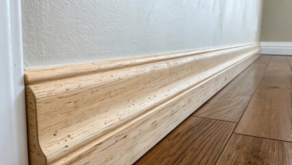 Poster - A raw wood baseboard yet to be painted shows its natural imperfections against a smooth white wall highlighting the contrast between unfinished and refined elements.