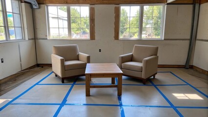 Aufkleber - A raw unfinished room illuminated by natural light streaming through a window. Floor markings in blue tape indicate the exact dimensions for a coffee table and a pair of chairs