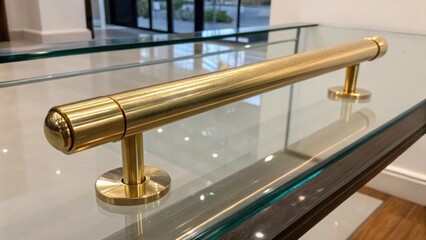 Aufkleber - A polished goldplated cylindrical handle p on a sleek glass surface reflecting the light and creating an elegant atmosphere.