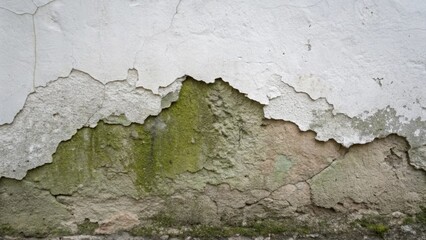 Aufkleber - A patch of crumbling plaster on the wall revealing the rough uneven surface underneath with a hint of mold forming in the damp corner.