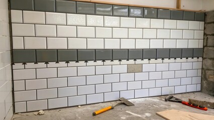 Poster - A partially tiled wall displaying a patchwork of white and grey tiles the unfinished sections revealing drywall beneath with some tools tered nearby.
