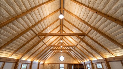Poster - A panoramic view upwards where the beams create a vault effect integrating fresh insulation that adds to the cozy inviting atmosphere of the space.