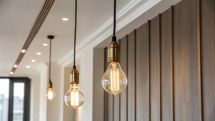 Poster - A pair of elegant pendant lights with exposed bulbs suspended from new wiring casting soft shadows onto the adjacent wall which enhances the ambiance of the freshly renovated