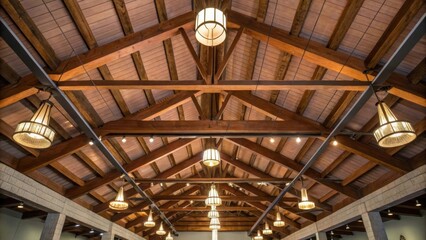 Poster - A of exposed beams intersecting dramatically in the ceiling each beam varying slightly in color and texture accompanied by elegant pendant lights that illuminate the space with a