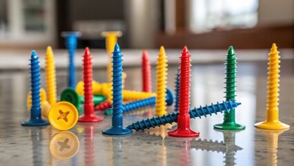 Aufkleber - A of colorful plastic anchors and screws on a polished surface some leaning precariously while others are perfectly upright creating an energetic and dynamic composition.