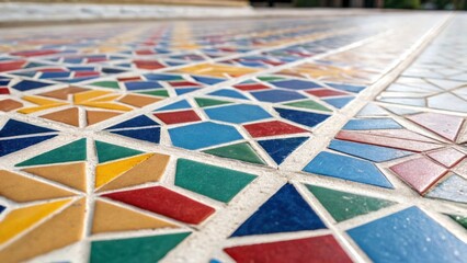 Aufkleber - An upclose view of geometric patterned mosaic tiles their vivid colors enhanced by freshly applied grout which fills the spaces neatly and evenly creating a striking visual