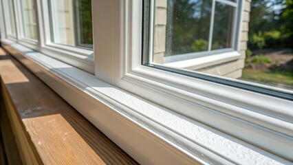 Poster - An upclose view of the exterior side of the window frame where the fresh paint glistens in the sunlight and the transition to the sealing material is crisp and clean.