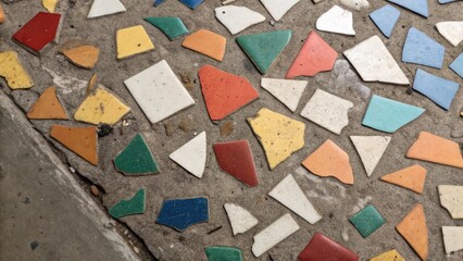 Aufkleber - A of ceramic fragments some still semihold their original color are juxtaposed against streaks of grime suggesting stories of their former place on the floor.