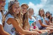 © neatlynatly - A group of young girls with long hair sit and laugh at a skate bowl, enjoying a sunny day together and showcasing their friendship.