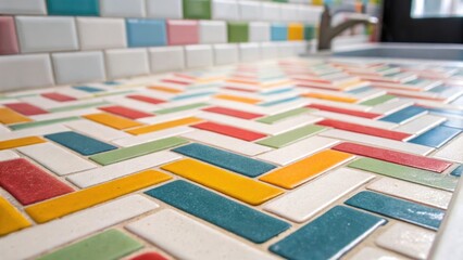 Aufkleber - An upclose look at a whimsical pattern of colorful tiles laid in a herringbone style where each angle is neatly filled with grout adding a playful yet cohesive character to the
