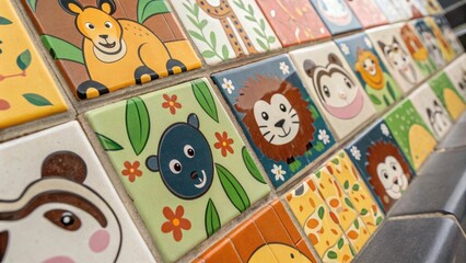 Aufkleber - An upclose look at a whimsical tile design featuring animals partially grouted to allow glimpses of the underlying structure capturing a sense of playful renovation.