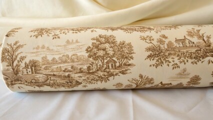 Poster - An upclose look at a roll with a classic toile design the intricate scenes depicting countryside charm in sepia tones amidst a soft cream background.