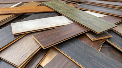 Aufkleber - An unkempt pile of laminate flooring pieces where one board is halfturned to reveal a glossy finish while others are matte and worn.