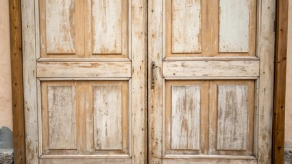 Aufkleber - An upclose angle of two unpainted doors leaning against each other their ends revealing uneven seams and diverse shades of pale brown that give a rustic appeal.