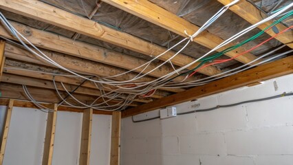 Poster - An unfinished corner shows a tangle of electrical wires strung across the ceiling joists with glimmers of insulation peeking through creating a contrast of texture and color.