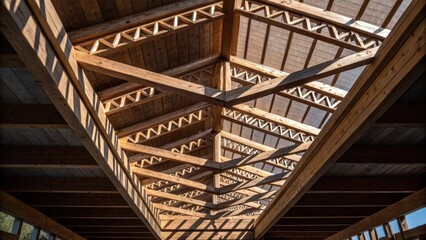 Aufkleber - An overhead view of exposed beams with intricate joinery showcasing the craftsmanship and attention to detail highlighted by shadows that deepen their contours.