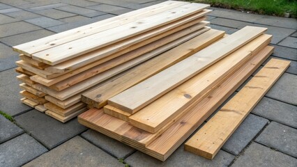 Aufkleber - An overhead view of the stack concentrating on the varying lengths of the boards with a few loosely p on top adding an air of informality to the tidy arrangement.