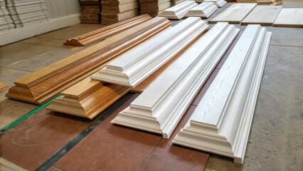 Aufkleber - An overhead view of baseboards stacked asymmetrically each piece showcasing varying lengths and styles with a contrasting backdrop of unfinished flooring.