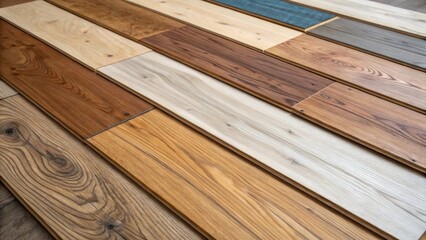 Aufkleber - An overhead shot of several laminate boards laid out displaying various shades of wood tones each piece showcasing unique knots and streaks.
